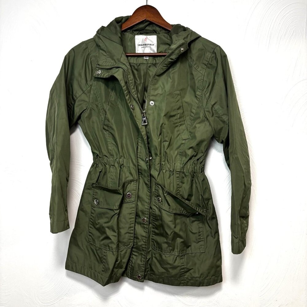Urban Republic Rain Coat Full Zip Army Green Solid Hooded Girls Jacket Large